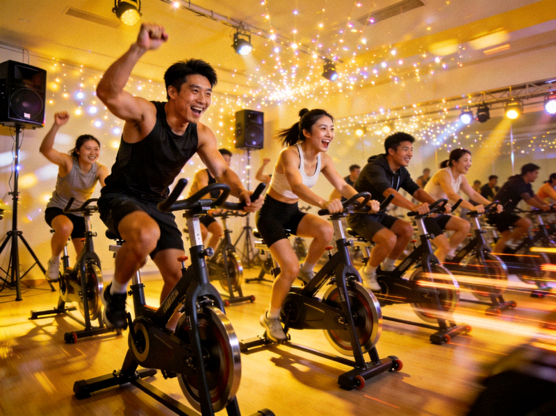 动感单车课程，学员在音乐节奏中骑行，享受集体运动的激情